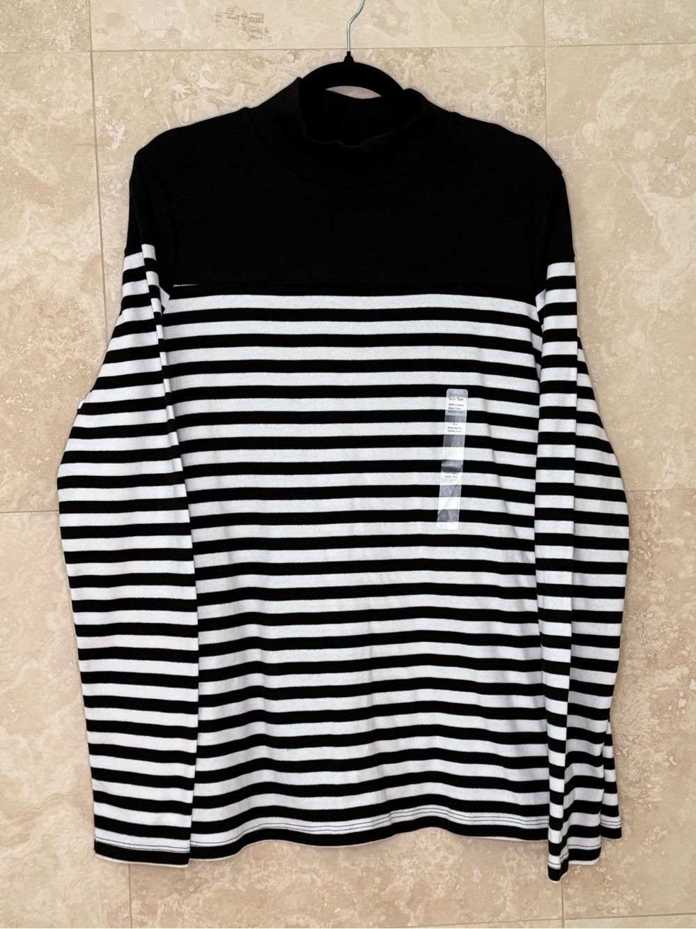 Kim Rogers Black White Stripe Long Sleeve Colorblock Top Size L NWT